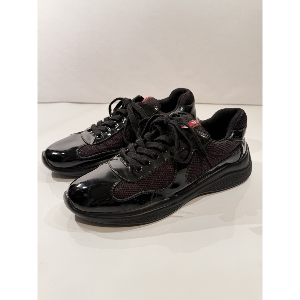 Prada Mens Americas Cup Black Patent Leather Mesh Lace-Up Sneakers US 6